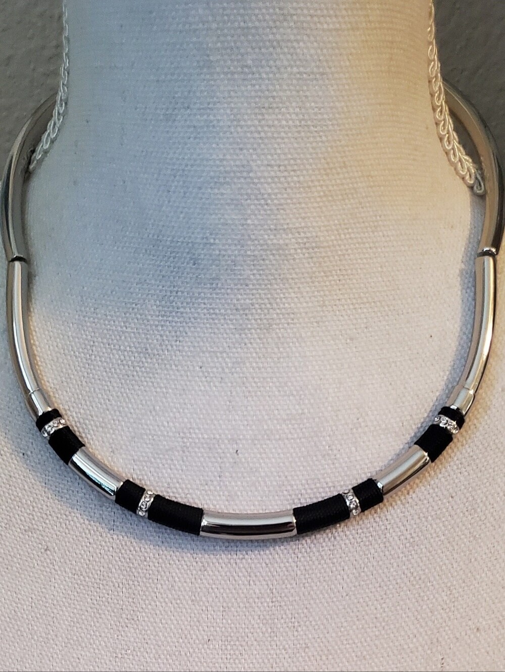 WHBM Silver Tone & Black Collar Statement Necklace with Crystal Accents